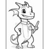 A cartoon dragon character holding a pen, wearing a shirt and a badge, standing in a coloring page style, outlined against a white background.