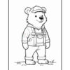 A cartoon bear character wearing a cap and overalls, standing with a friendly smile. The bear has a round face with prominent ears and paws, and is depicted in a simple, black line drawing style suitable for coloring.