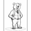 A cartoon bear standing upright, dressed in a light-colored suit with a tie, smiling with hands on hips, against a plain background.