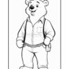 A cartoon bear character is smiling and standing upright. He is wearing a button-up shirt with rolled sleeves, suspenders, and has a belt with a pouch on the right side. The bear has a friendly expression and is illustrated in a simple, outline style, ready for coloring.