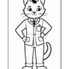A cartoon cat character stands confidently with its hands on its hips, wearing a suit and tie, complete with a pocket on the upper left side of its jacket. The character has short, upright ears and a tail, and features a friendly smile.