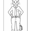 A cartoon-style cat character standing with hands on hips, wearing a button-up shirt, tie, and pants. The cat has pointed ears, whiskers, and a striped tail, depicted in a coloring book style with outlines only.