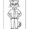 A cartoon cat character standing confidently with hands on hips, wearing glasses, a button-up shirt, tie, and pants, featuring an expressive face and a striped tail.