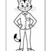 A cartoon cat character standing with hands on hips, wearing a button-up shirt and pants, with a striped tail and a friendly smile, outlined for coloring.