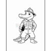 A cartoon crocodile character wearing a firefighter's uniform, complete with a helmet and holding a fire hose, stands confidently with a friendly smile, set against a white background.