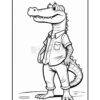 A cartoon alligator character standing confidently with hands on hips, wearing a button-up shirt and pants. The alligator has a wide smile showing its teeth and is illustrated in black and white, suitable for coloring.