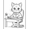 A cartoon cat sitting at a desk, wearing a tie and looking at an open book, with a pencil holder containing pencils on the desk beside it.