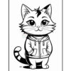 A cartoon cat standing upright, wearing a zip-up hoodie with pockets. The cat has large, expressive eyes and a playful facial expression, with distinctive whiskers and a small nose. Its tail is striped and curled slightly.