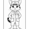 A cartoon cat wearing a cap and a jumpsuit with pockets, standing confidently with its hands on its hips, featuring a striped tail.