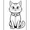 A cartoon-style illustration of a sitting cat wearing a shirt and tie, featuring large expressive eyes and a playful expression, outlined in black for coloring.