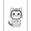A cartoon cat wearing a space helmet and a jacket with pockets, standing upright with a striped tail, set against a white background.
