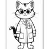 A cartoon cat wearing glasses and a lab coat, with a stethoscope hanging from its neck, standing upright in a playful pose.