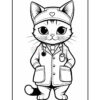 A cartoon cat dressed as a doctor, wearing a white coat and a stethoscope, with a blue headband featuring a heart symbol, and standing with paws slightly apart, looking directly at the viewer.