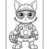 A cartoon cat wearing a futuristic helmet and goggles, dressed in a robotic suit with a belt and various attachments, standing confidently with its paws on its hips.