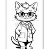 A cartoon-style illustration of a cat wearing glasses, a lab coat with pockets, and a stethoscope around its neck, depicted with a cheerful expression and standing with its hands on its hips.