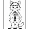 A cartoon cat dressed in a professional outfit, complete with a jacket, tie, and a cap, standing confidently with a badge and a watch around its neck.