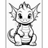 A cute cartoon dragon character sitting with a big smile, featuring large eyes, pointed ears, and spiky wings, outlined in black and ready for coloring.