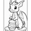 A cartoon dragon character standing on a plate with two cupcakes, featuring a friendly expression and small wings, outlined for coloring.