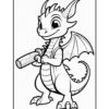 A cartoon dragon character with big eyes and a friendly smile is holding a wooden baton. The dragon has spiky horns, a scaly body, and prominent wings. The image is a black and white outline suitable for coloring.