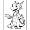 A cartoon dragon character with a friendly smile, holding a smartphone with a cartoon image on the screen, featuring small details like headphones around its neck and spiky hair, outlined for coloring.