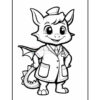 A cartoon dragon character wearing a lab coat with pockets, smiling and standing confidently with a playful expression, suitable for a coloring page.