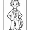 A cartoon dragon character wearing a suit and tie, standing confidently with its hands on its hips, outlined in black and ready for coloring.