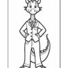 A cartoon dragon wearing a suit and tie, standing with hands on its hips, outlined for coloring. The dragon has a friendly expression and features like horns and a spiked tail, set against a plain background.