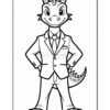 A cartoon dragon character dressed in a suit, standing confidently with its hands on its hips; the image is outlined in black and designed for coloring.