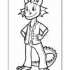 A cartoon dragon character wearing a suit and standing confidently with hands on hips, in a black and white line art style suitable for coloring.