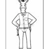 A cartoon donkey character standing with hands on hips, wearing a button-up shirt and pants, in a black outline suitable for coloring.