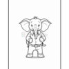 A cartoon elephant wearing a collared shirt and pants, standing with its arms slightly raised in a playful pose, outlined in black and ready for coloring on a blank page.