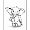A cartoon-style elephant wearing a suit and holding a briefcase, standing upright against a plain white background, designed as a coloring page.
