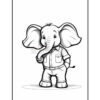 A cartoon-style elephant standing upright, wearing a button-up shirt and pants, with a friendly expression and its trunk curled slightly. The image is outlined in black for coloring purposes on a blank background.