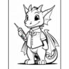 A cartoon dragon in a suit and cape holding a syringe, appearing friendly and approachable, set against a blank white background for coloring purposes.