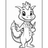 A cartoon dragon character wearing a suit and holding two pencils, smiling at the viewer. The image is a black and white line drawing, suitable for coloring.