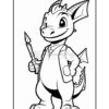 A cartoon dragon character stands confidently, holding a paintbrush in one hand and wearing a vest, with a friendly smile, against a blank background, designed for coloring purposes.