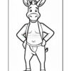 A cartoon donkey character standing with hands on its hips, wearing overalls, with a friendly expression and large ears, designed in a coloring book style.