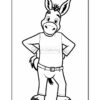 A cartoon donkey character standing with hands on hips, wearing a t-shirt and pants, featuring large ears and a friendly facial expression in a black and white outline style suitable for coloring.