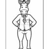 A cartoon donkey character wearing a dress shirt and tie, standing with hands on hips, featuring a friendly smile and a comical expression. The image is outlined in black and white, suitable for coloring.