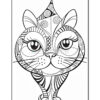 A stylized black and white drawing of a cat with large, expressive eyes, intricate patterns on its face and body, and a whimsical shape. The design includes swirls, stripes, and spots, highlighting its playful and artistic nature.