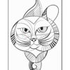 A stylized, black and white line drawing of a cat's face, featuring large eyes and a playful expression, with intricate geometric patterns and curves in the fur.