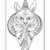 A stylized black and white illustration of a cat's face, featuring intricate designs and patterns, with pointed ears and a triangular crown-like shape above its head. The cat's expression is calm and symmetrical, surrounded by circular patterns.