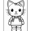A cartoon cat character with a bow on its head, wearing a shirt and suspenders, standing upright with a simple expression. The illustration is in black and white, suitable for coloring.