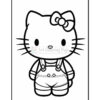 A cartoon cat character with a large head, wearing overalls and a bow on its head, depicted in a simple black line drawing style suitable for coloring.