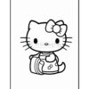 A cartoon character resembling a cat with a bow on its head, holding a small bag, drawn in black outline on a white background.