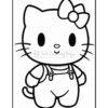 A cartoon character resembling a cat, featuring a round face, large eyes, and a bow on its head. The character is wearing a t-shirt and overalls with distinctive designs, and is outlined in black for coloring purposes.