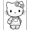 A black and white line drawing of a cartoon character resembling a cat with a large bow on its head, wearing a dress with a bow detail, standing with its hands clasped.