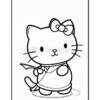 A black and white outline drawing of a cartoon cat character wearing a dress and holding a coloring tool, with a bow on its head.