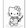 A cartoon character resembling a cat with a bow, wearing striped overalls decorated with a floral pattern, standing and holding a fishing rod.