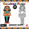 Cover of a coloring book themed around Ancient Egypt, featuring two illustrations: one of a woman dressed in traditional Egyptian attire with a headdress, and another of a pharaoh in a similar style, both set against a colorful border of sharpened colored pencils. The title reads